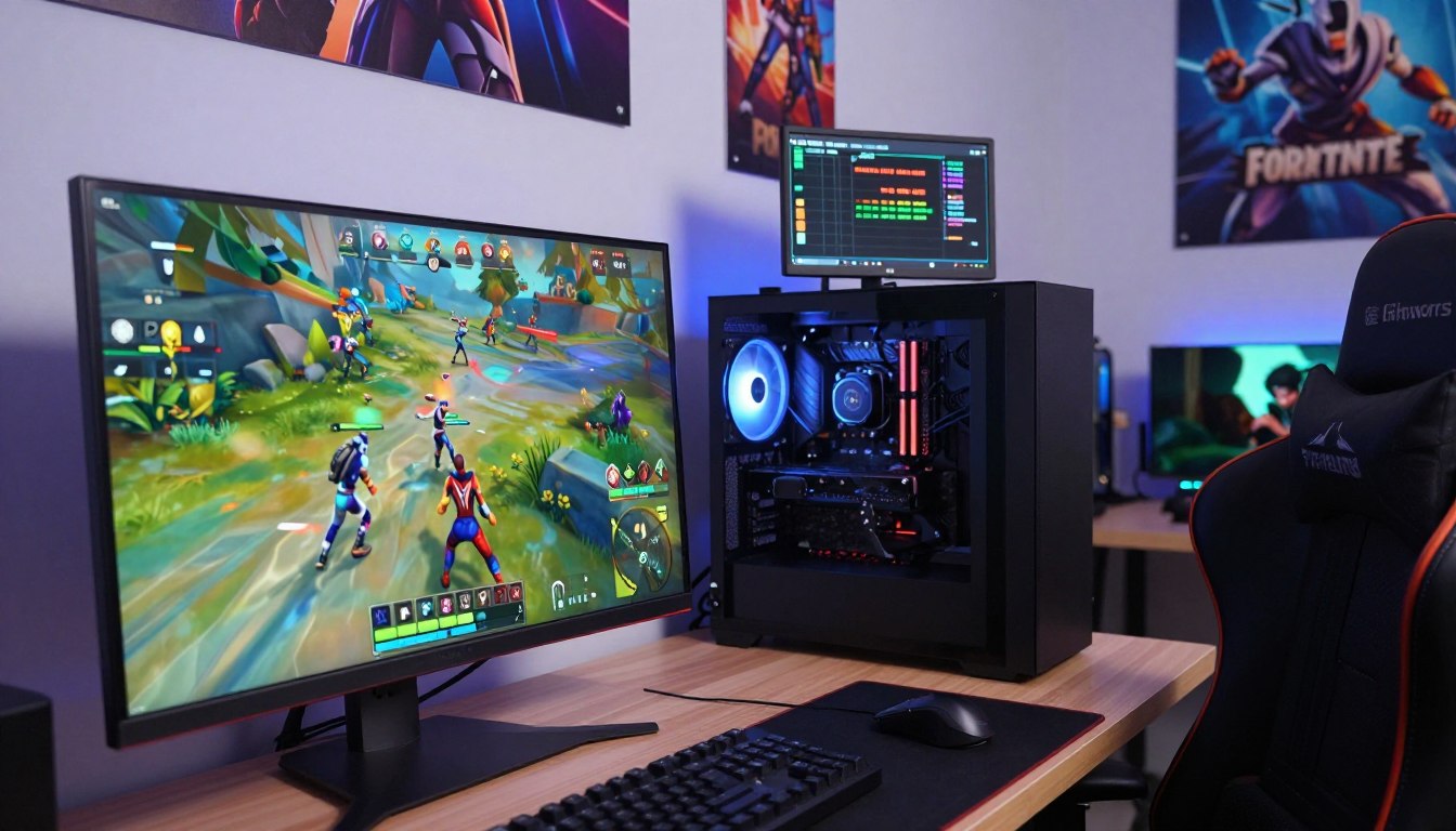 Fortnite gameplay beside a computer showing RAM use