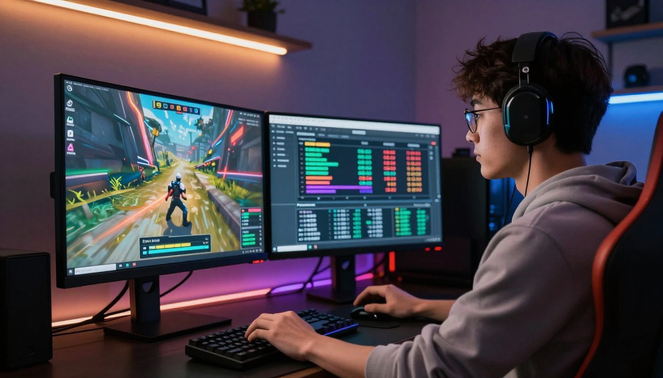 Gamer checking RAM use and upgrade cost beside a running game